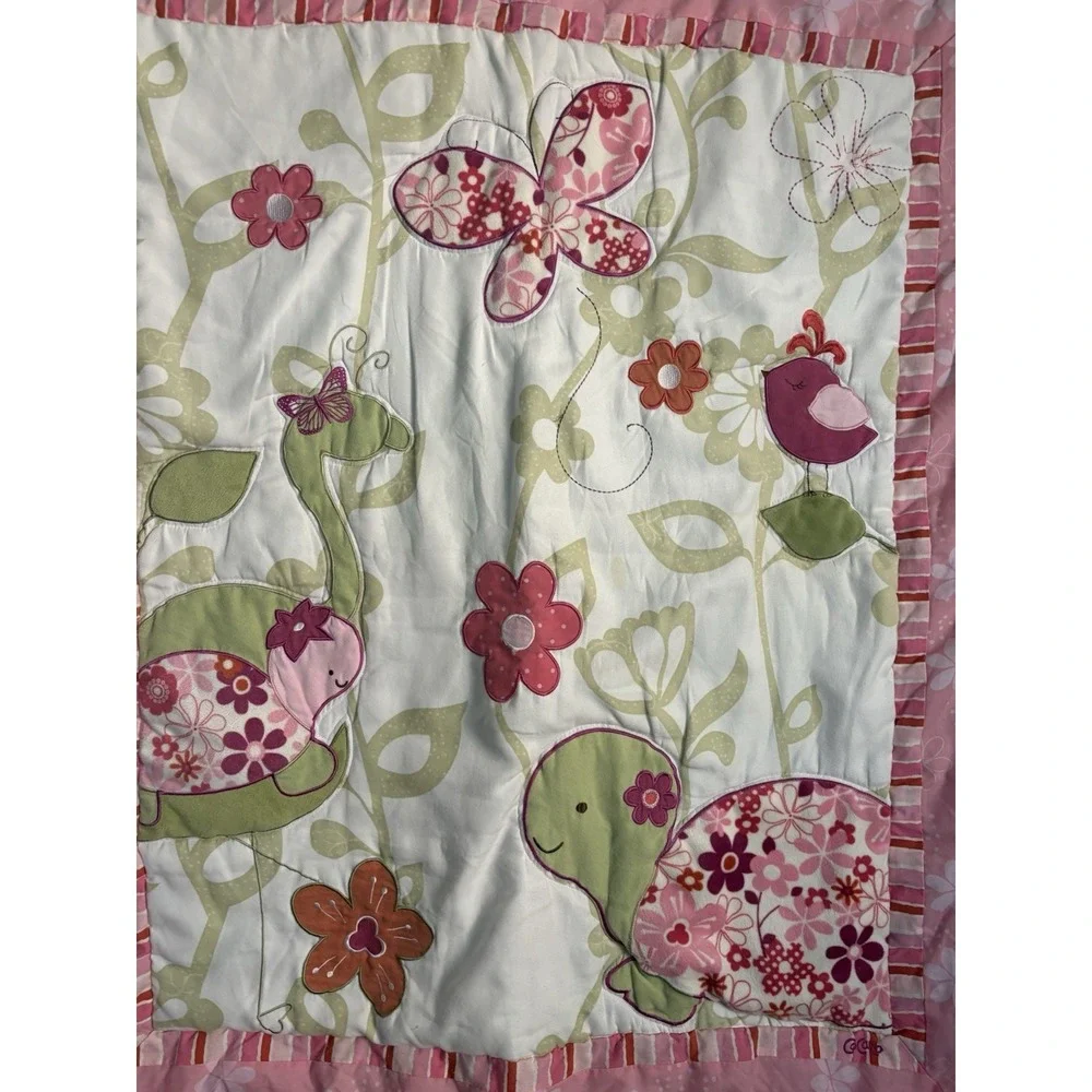 CoCalo Crib Blanket Pink Embroidered Comforter Turtles Butterflies 41